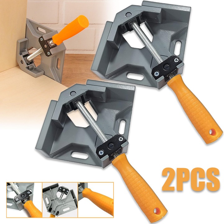 Set 2 clema in unghi drept, Excitat®, Design reglabil al falcii pivotante, Ergonomic, Antiderapant, Pentru alinierea, baterea cuie, gaurirea, prelucrarea lemnului, Aliaj de aluminiu, Rezistenta la coroziune, 270 mm, Argintiu/galben