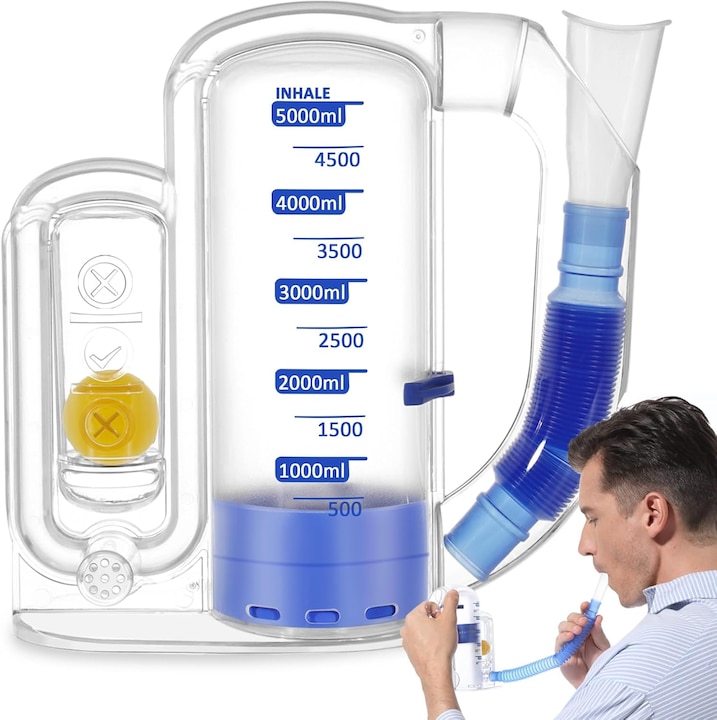 Antrenor de respiratie pentru adulti, dispozitiv de exercitii respiratorii pentru plamani, masurare volum 5000 ml cu indicator de debit. dispozitiv de respiratie transparent. antrenor de respiratie, antrenor. Spirometru stimulativ pentru adulti