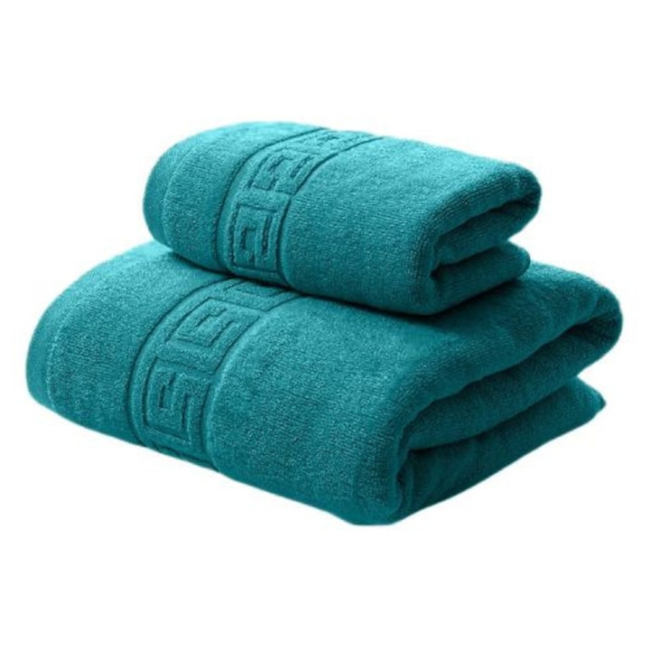 2 db-os 100% pamut törölköző szett, 500 g/m², NufJoy®, nagyon puha, OEKO TEX tanúsítvánnyal, 1 db fürdőlepedő 70x140 cm és 1 db kéztörlő 50x90 cm, szuper nedvszívó, többszöri mosást kibír, türkiz