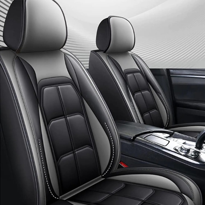 Set 5 Huse Scaune Auto Elindor® Universale, Impermeabile, Husa pentru Protectie Sezut si Spatar Scaun Fata si Bancheta Spate, Antialunecare, Piele Ecologica, Buzunar Depozitare, Accesorii Masina Huse Interior, 67.3 x 56.6 x 22.6 cm, Gri