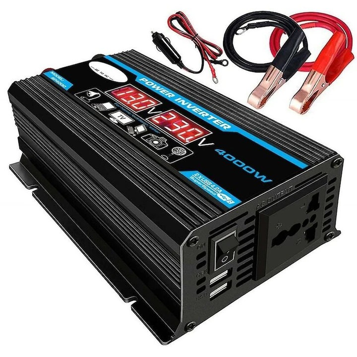 Inverter auto 300W, 12V la 220V, 2 USB, negru, compact