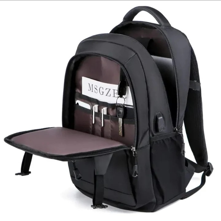 Rucsac de afaceri, capacitate mare, negru, cu port USB, pentru laptop de pana la 17 inch