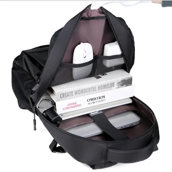 Rucsac de afaceri, capacitate mare, negru, cu port USB, pentru laptop de pana la 17 inch