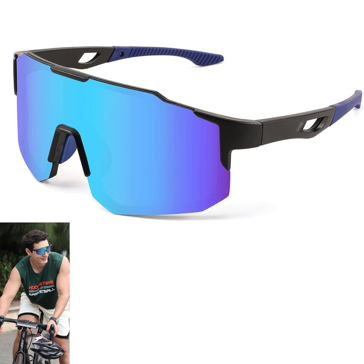 Очила за колоездене, ZGGZERG, Поляризирани слънчеви очила, Класически спортни очила, UV 400 защита, Ергономични дръжки, Удароустойчиви, Против отблясъци, За мъже, жени, шофиране, колоездене, риболов, Пластмаса, 13 x 15 см, синьо черно