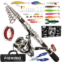 Set lanseta Undita de pescuit spinning Combo, Excitat®, 2.1 m undita de spinning din fibra de carbon pescuit cu mulineta telescopica de mare viteza, mulineta 2000, 5.2:1, cutie accesorii, Negru