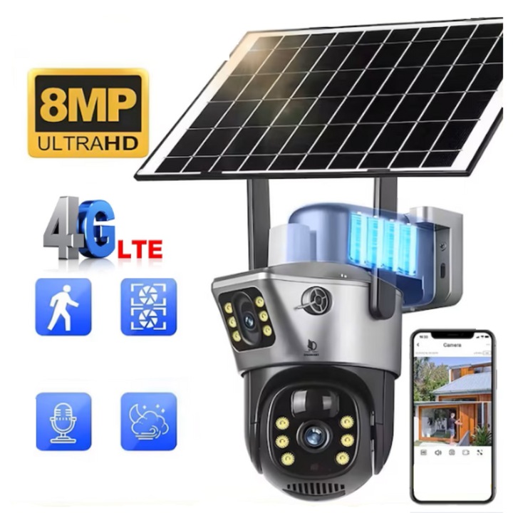 Видеокамера за ван Daismart®, 4G, преносима, 8MP, 10W соларен панел и зареждане от контакт, Детектор на движение, Батерия 10000mAh, PTZ, Нощно виждане, Двупосочно аудио, IP66, За външна употреба, Черна