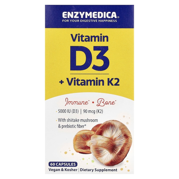 Vitamina D3 + Vitamina K2, Enzymedica, 60 capsule, vegan, cu ciuperci Shiitake