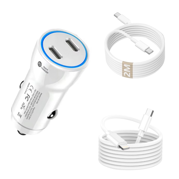 Kit incarcator auto Dual USB-C-C 60W Fast Charger, 1 Cablu date USB-C-C 60W, 2M, 1 Cablu date USB-C-ligt 37W 2M, Compatibil cu iPhone 16, 15, 14, 13, 12, 11 pro max, QUANDES®