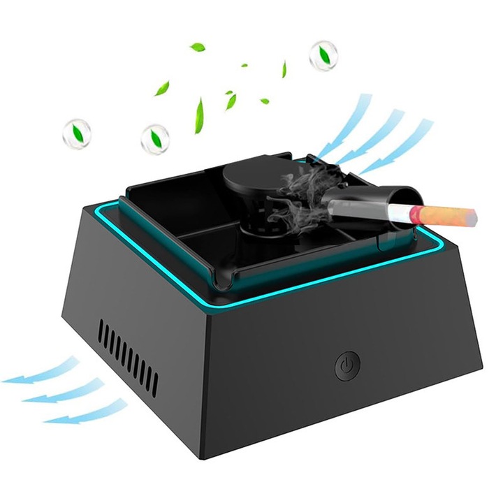 Електрически пепелник с пречиствател на въздух, Fudisenn, капацитет 4 цигари, ароматерапия, диаметър 14 см, черен