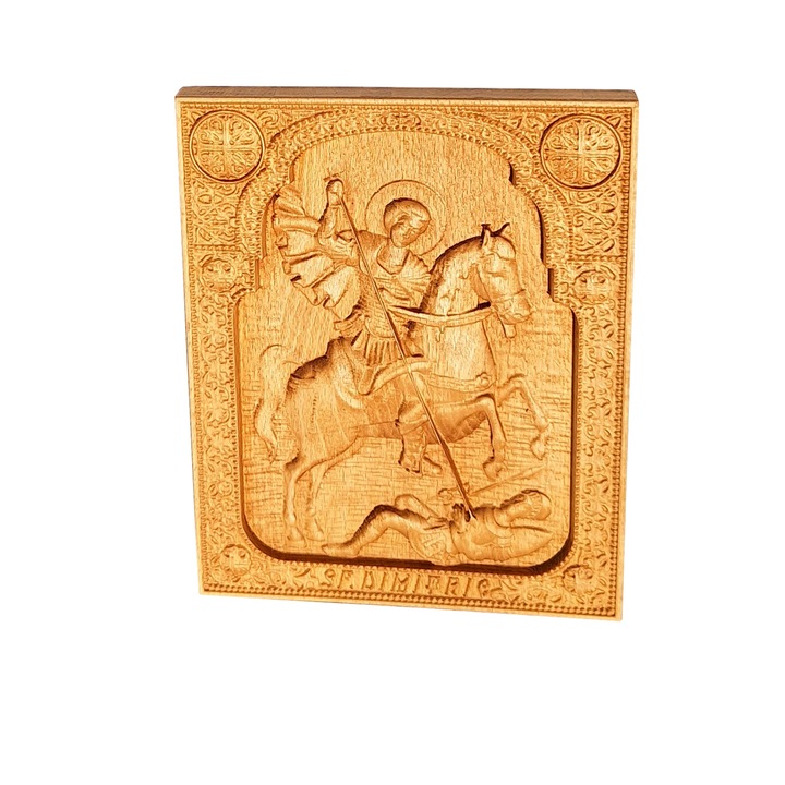 Szent Demetrius lovag faragott ikonja, 23,8x19 cm