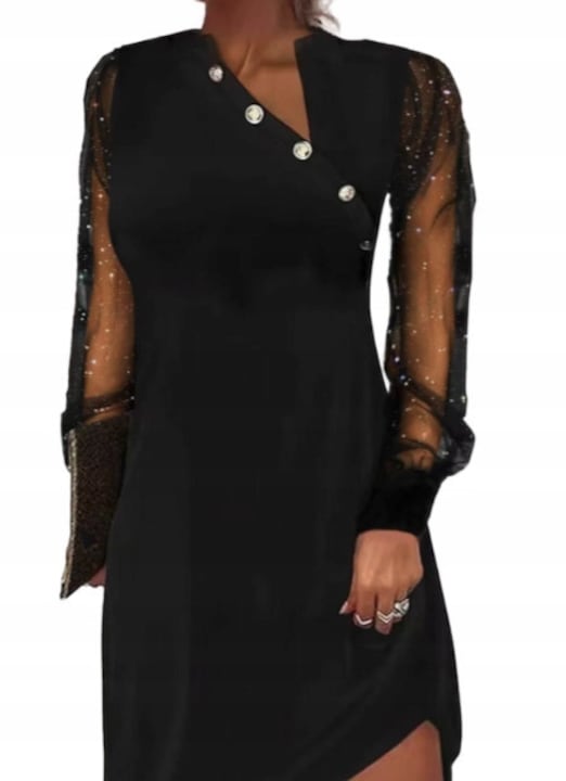 Rochie de seara, S-68, 2XL, 99cm, 114cm, maneca lunga, neagra, 100% poliester, pentru femei cu forme plinute