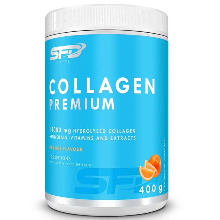 Colagen hidrolizat, SFD Collagen Premium, cu Vitamina C si D3, 400g, aroma Portocala, colagen pudra, acid hialuronic, vitamine si minerale
