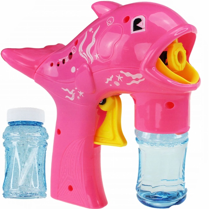 Интерактивна играчка пистолет за сапунени мехурчета, Zola, модел делфин, 2 x разтвор включени, пластмаса, 17 x 16 см, розов