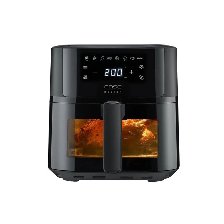 Friteuza cu aer cald Caso Germany, capacitate 6 litri, fara ulei, 8 programe, temperatura ajustabila 50-200°C, timer 60 min, functie Shake Reminder, ecran digital touch, oprire automata, semnal sonor, maner ergonomic, incalzire rapida, consum redus, negru