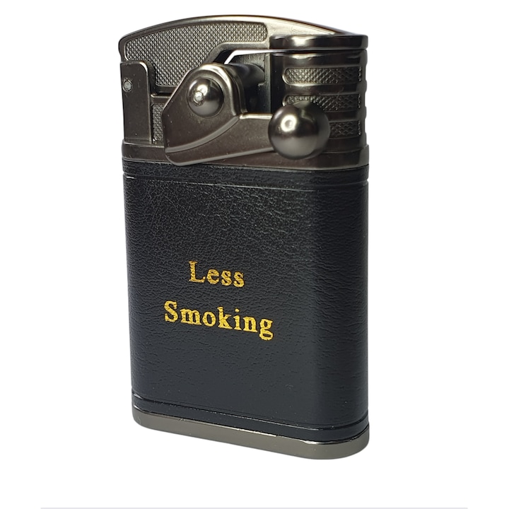 Bricheta metalica LessSmoking, antivant, reincarcabila, piele ecologica, negru