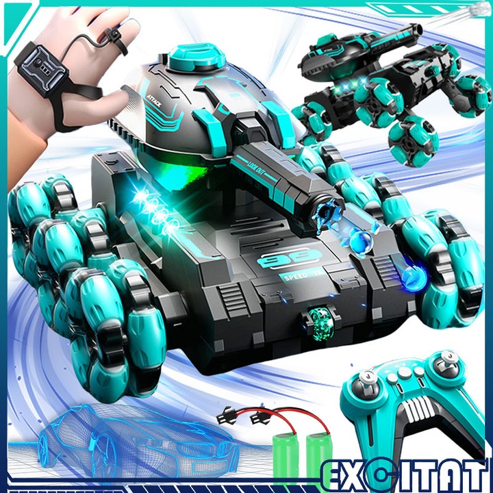 Vehicul blindat 6 roti tun de apa, Excitat®, 2.4GHz Radio Controlled Car, Senzor de mana, Lumini Led si Sunete, Rotire 360 Grade, Lansarea unei bombe cu apa, Cascadorie cu sase roti, Verde