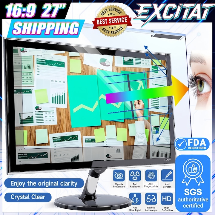 Filtru De Lumina Albastra, Excitat®, 27inch/613 x 356mm, 16:9, Protectie Ochi, Mat, Protectie Pentru Ochi, Antiorbire, Protectie Impotriva Luminii Albastre, Placa acrilica, Montare fara gaurire, Transparent