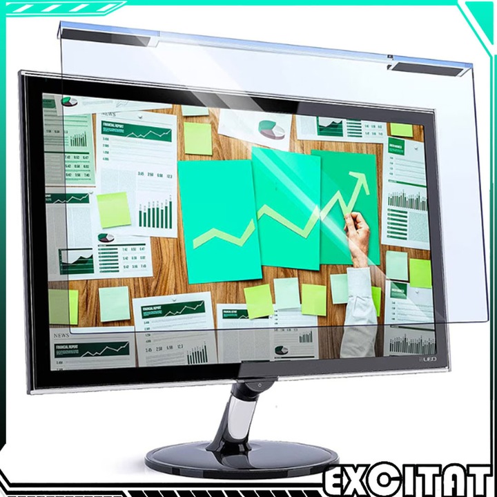 Excitat Kékfény Szűrő, 27 hüvelyk/613 x 356 mm, 16:9, Szemvédelem, Matt, Szemvédelem, Tükröződésmentes, Kékfény elleni védelem, Akril lap, Fúrás nélküli rögzítés, Átlátszó