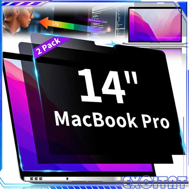 Set 2 de Filtru de confidentialitate pentru monitor, Excitat®, 14 inch, dimensiuni 310x174 mm, Set de unelte, Reducerea luminii albastre, Transparenta ridicata, Rezistent la murdarie, Aprotective UV, Anti-zgaraieturi, Pentru laptop, Negru transparent