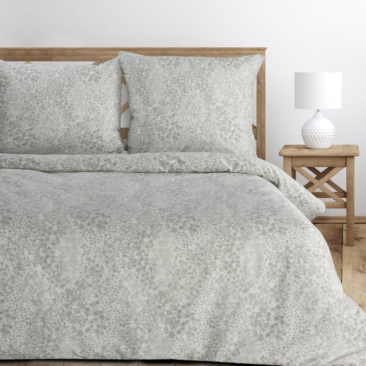 Ágynemű garnitúra, SPRING, 140x200cm, 100% pamutszatén, szürke és fehér, virágmintás