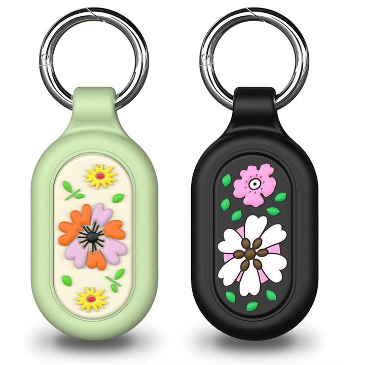 2 darabos SmartTag2 védőtok készlet, szilikon, ezüst kulcstartóval, Samsung Galaxy SmartTag2 kompatibilis, fekete/zöld (virágos)
