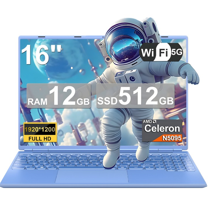 16 hüvelykes Celeron N5095 laptop, akár 2,9 GHz-ig, 12+512 GB SSD bővíthető, 1 TB-os laptop, Win 11 notebook 5G WiFi BT 4.2 mini multimédiás porttal, hűtőventilátorral - kék