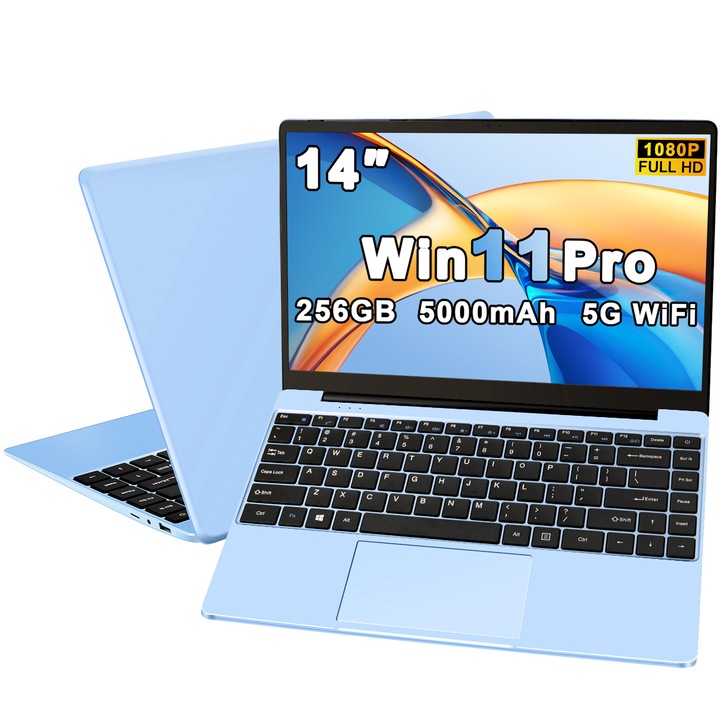 Лаптоп компютър Celeron N4020 до 2.8Ghz, 14-инчов лаптоп Windows 11 с 5G WiFi 6+256GB SSD 1TB разширение, BT 4.2 1920*1080 FHD мини мултимедиен порт - син