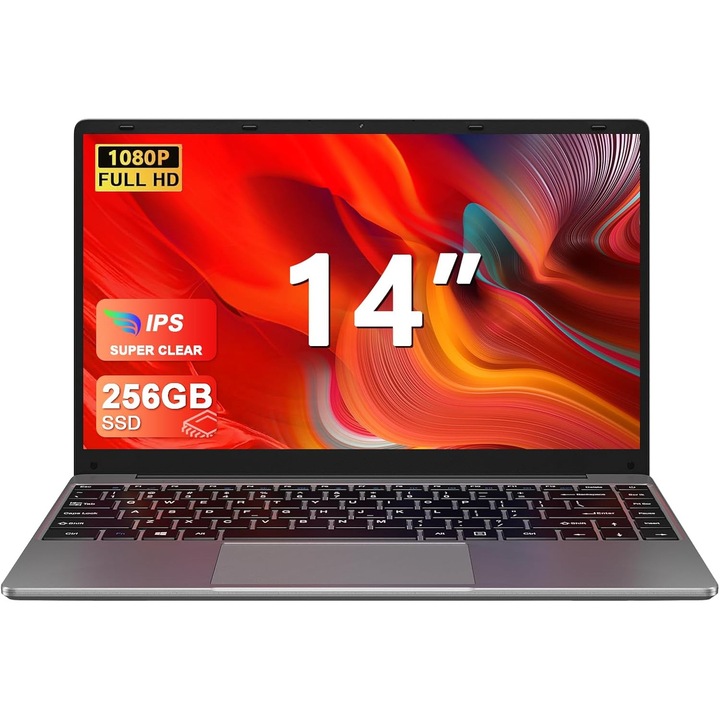 Laptop 14 inch Win 11 cu 5G WiFi, 256GB SSD Expansion SSD 1TB（Up to 2.8Ghz）BT4.2 3.0 Port de transmisie 1080P Laptops FHD Bun & Mini Multimedia Port cu Mouse-Gri