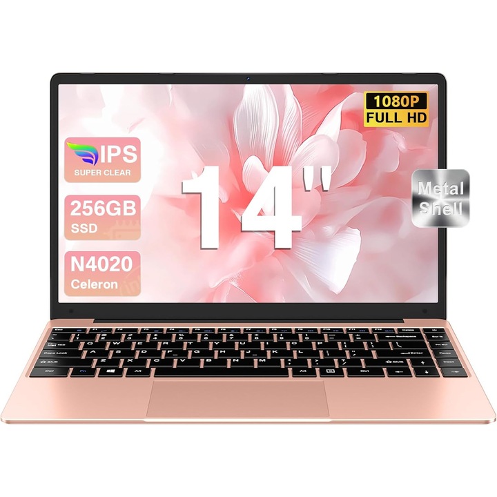 Bvate Laptop Computer 14", 6GB+256GB SSD N4020 (pana la 2.8Ghz) Win 11 Laptops 1920x1080 FHD Dual WiFi BT 4.2 Suporta 1TB SSD Expansion cu mouse wireless pentru lucru-studiu-invatare-Or
