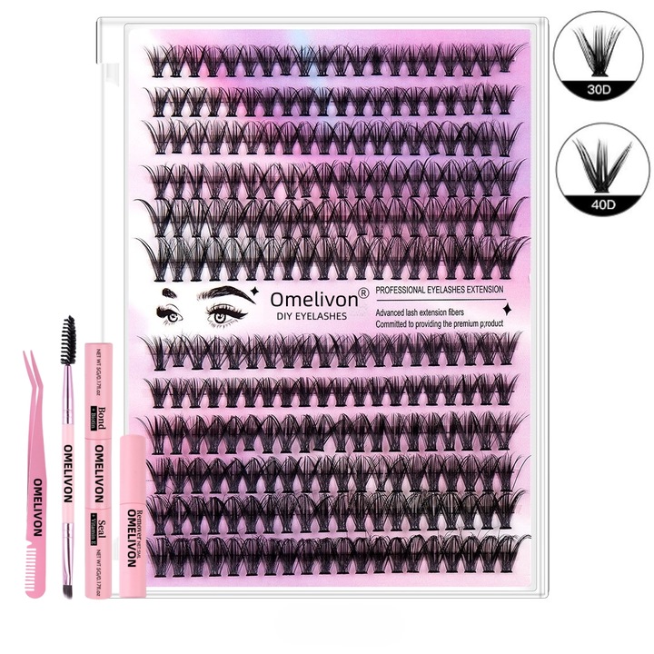 Omelivon®, extensii de gene DIY, 240 buc. 30D+40D, gene individuale pufoase si reutilizabile, 10-16 mm, kit de indepartare a etansarii si sigilarii