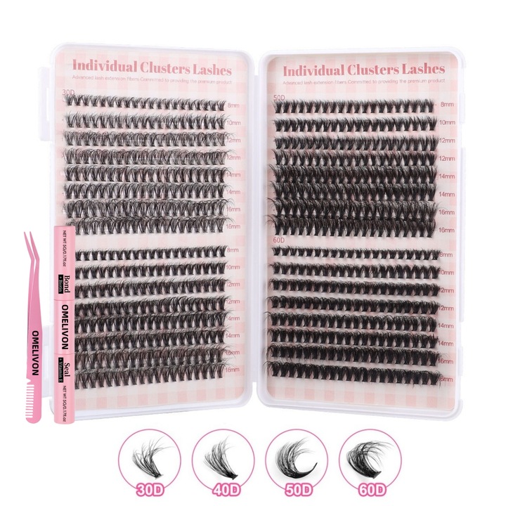 Omelivon®, extensii de gene DIY, 640 buc. 30D+40D+50D+60D, gene individuale pufoase si reutilizabile, 8-16 mm, kit de lipire si etansare