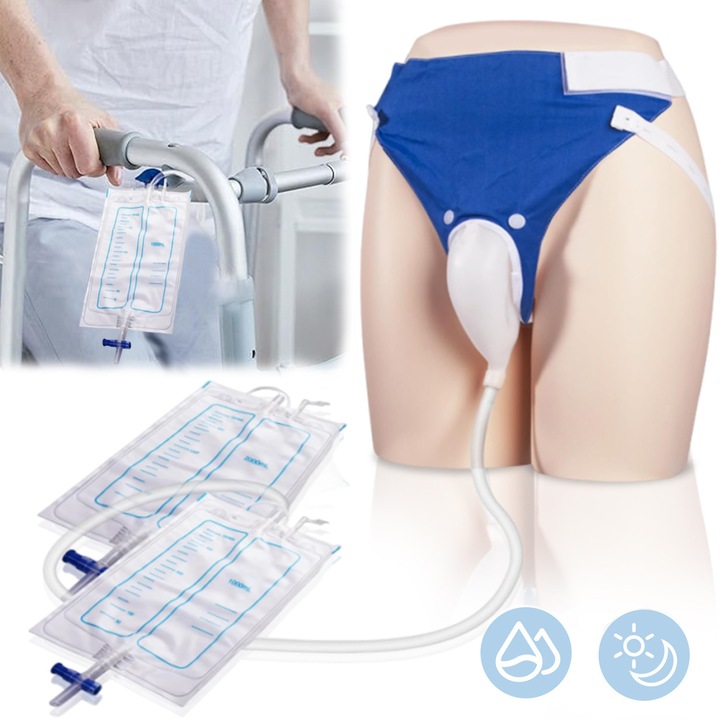 Set chiloti incontinenta, Puepoul, cu 2 pungi sterile pentru urina 1000/2000ml, cateter 1m, reutilizabila, portabila pentru incontinenta varstnici, silicon, albastru