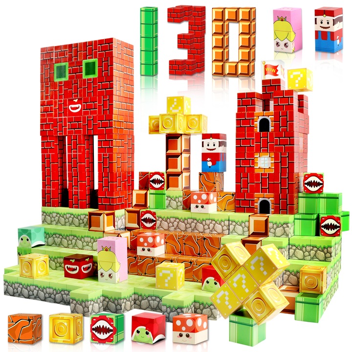 Set de Jucarie Cu Blocuri Magnetice De Constructie 130 piese, Set De Constructie pentru Copii Super Mario, Joc de Constructie cu Scene de Aventura, Pentru Dezvoltarea Abilitatilor Imaginatiei, Multicolor, 3 ani +