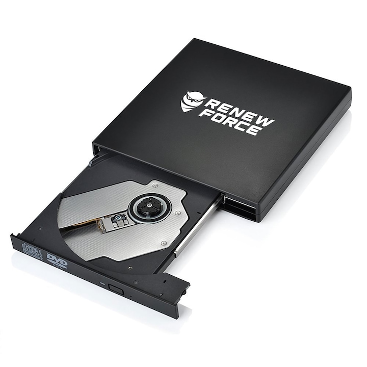 Külső DVD-író USB 2.0 RENEW FORCE® ultravékony, DVD/CD +/-RW, Plug & Play, hordozható, Windows 98, SE, ME, 2000, XP, Vista, Windows 7, 8 és MAC OS 9.X / 10.X / Linux, laptophoz, ultrabookhoz, PC-hez, asztali számítógéphez, 138x17x135 mm, fekete KT08
