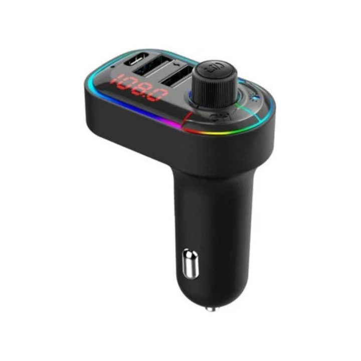 Modulator FM C12, Bluetooth 5.0, Transmitator FM cu functie de incarcator auto, Fast-Charge, 3 porturi de incarcare, Microfon extern, Afisaj Digital, Lumini RGB