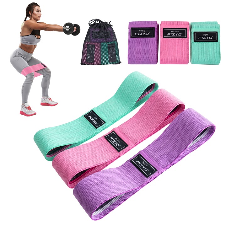 Set 3 Benzi Elastice de Rezistenta Fizyo pentru Pilates si Fitness, cu Niveluri Diferite de Intensitate, Saculet Inclus, Roz