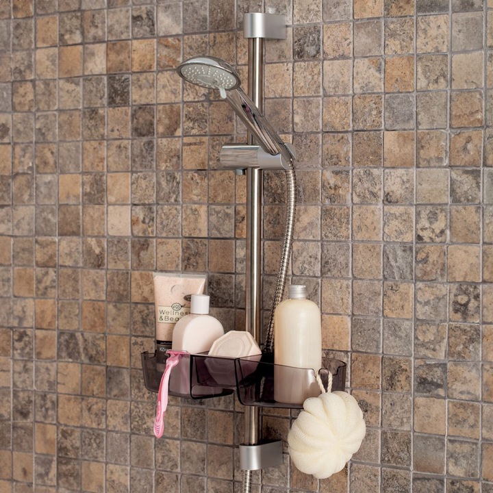 Raft cu 3 compartimente din plastic gri pentru suportul dusului, 33x11x7cm, reglabil