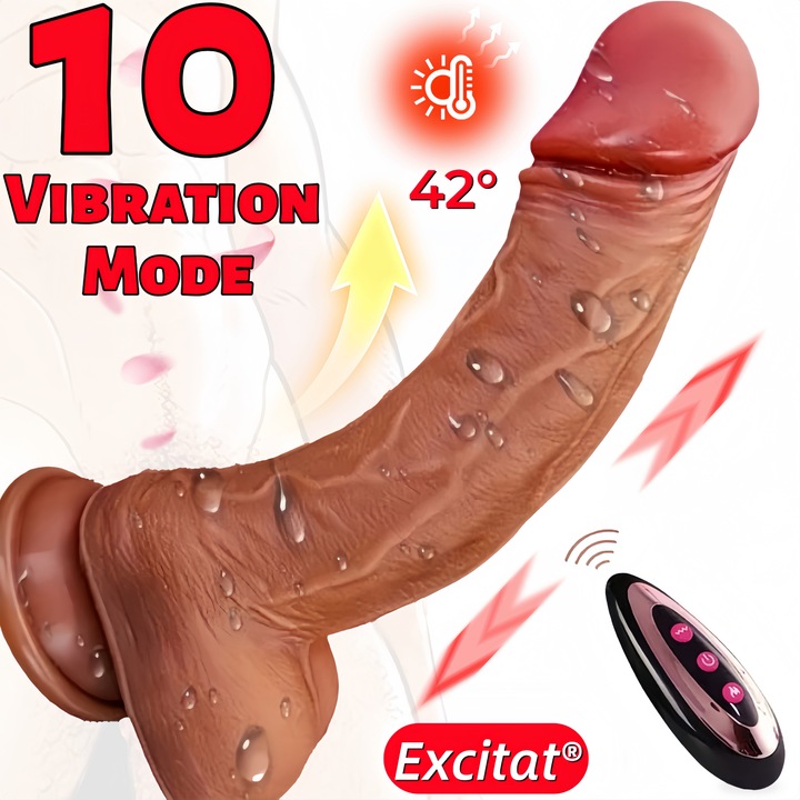 Dildo realist, Excitat®, 3 in1, Cu 10 vibratii, Incalzit 42°, Functie de impingere retractabila, Stimulare a punctului G si orgasme, Silicon, impermeabil, cu baza cu ventuza, Culoarea pielii