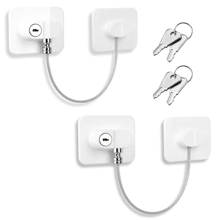 Sistem blocare mobilier, siguranta usi copii, Incuietoare frigider imbunatatita pentru copii, ferestre, blocator sertare, usa cuptor, congelator, dulap, deschidere accidentala, cu cheie protectie copii, chinoutton, set 2 bucati, alb alpine