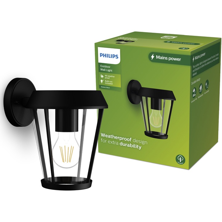 Външна стенна лампа Philips Sunera, E27, макс. 25W, IP44, 22x17x20 см, алуминий, черна, крушката не е включена