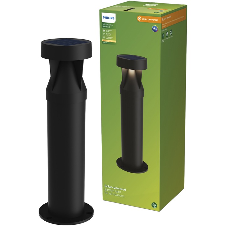 Stalp iluminat exterior cu incarcare solara Philips Avery, 1.8W, 200 lm, lumina alba calda (2700K), IP44, 40 cm, Negru