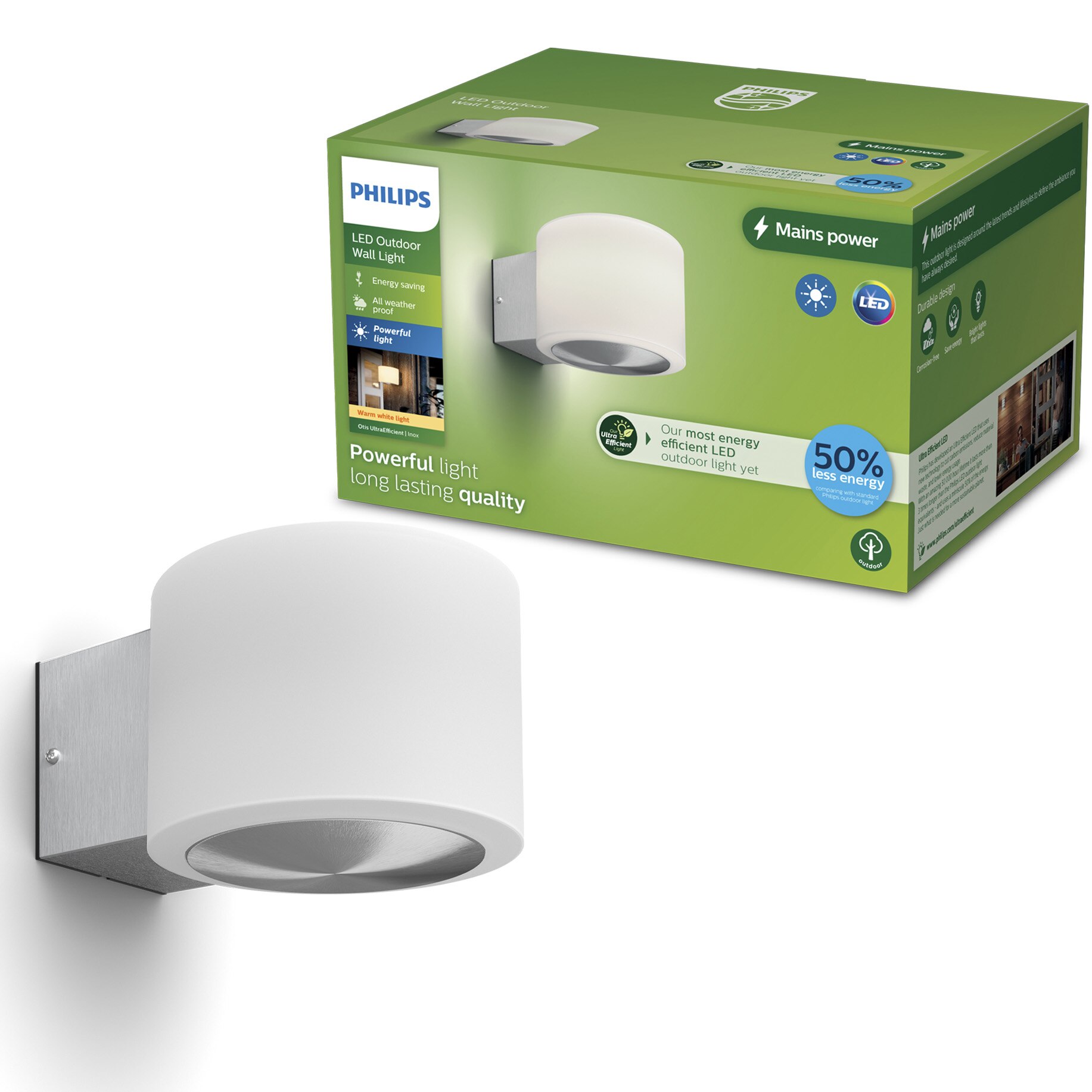 Lampa LED de perete pentru exterior Philips Otis, 4.3W, 800 lm, lumina alba calda (2700K), IP44, 11x14x19 cm, Inox, Clasa energetica B