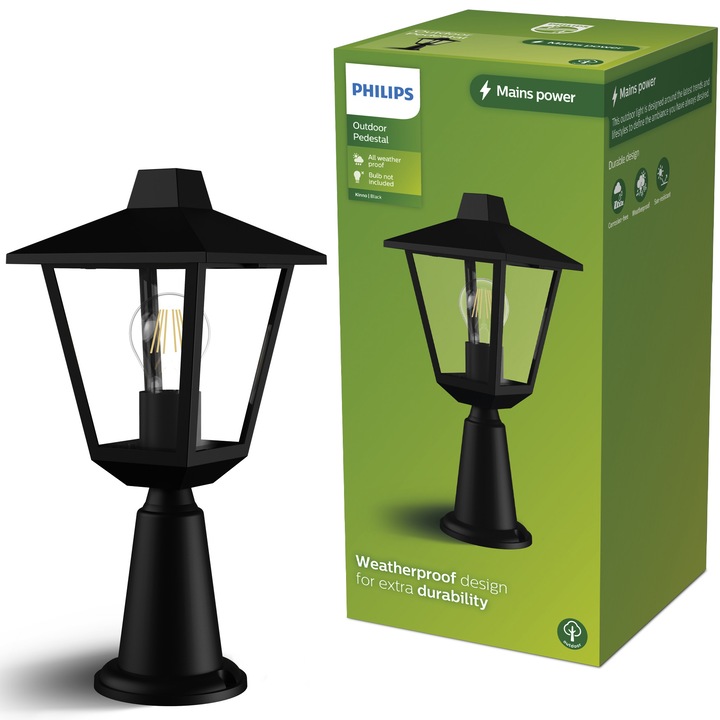 Stalp iluminat exterior Philips Kinno, E27, Max. 25W, IP44, 39x17x17 cm, Aluminiu, Negru, becul nu este inclus