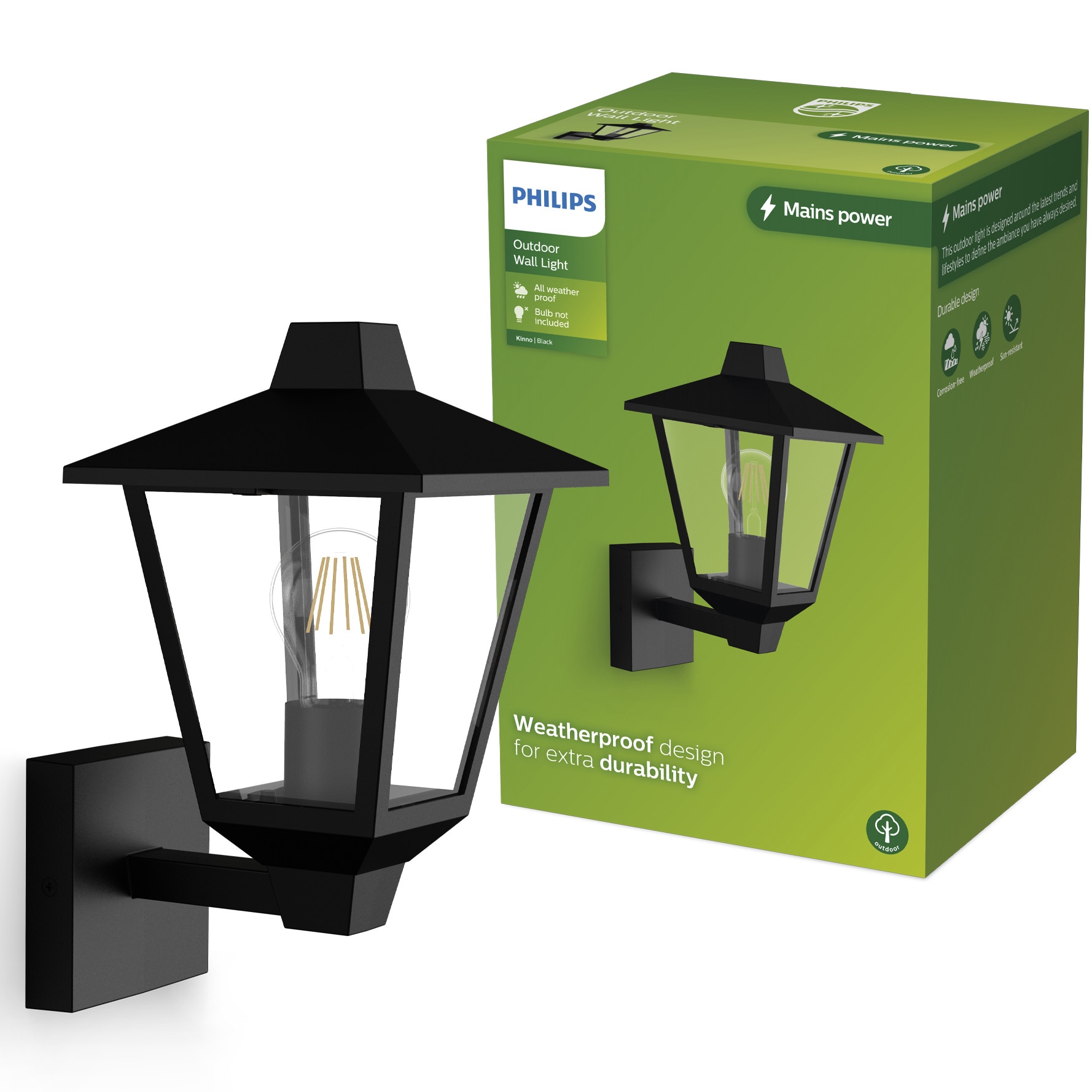 Lampa de perete pentru exterior Philips Kinno, E27, Max. 25W, IP44, 30x17x21 cm, Aluminiu, Negru, becul nu este inclus