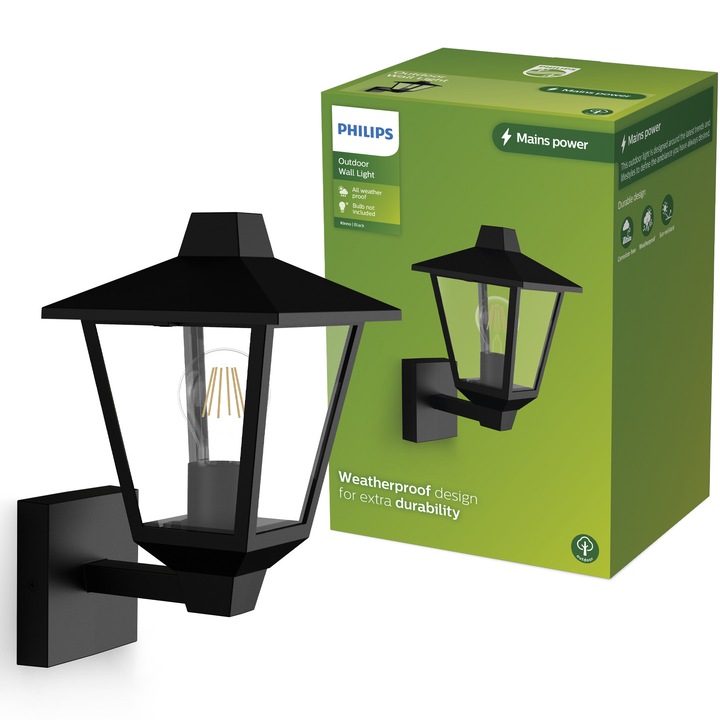 Външна стенна лампа Philips Kinno, E27, макс. 25W, IP44, 30x17x21 см, алуминий, черна, крушката не е включена
