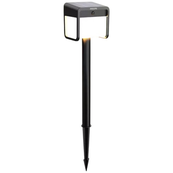 Lampa solara pentru gradina Philips Ezra, cu senzor miscare/lumina, 1.8W, 250/25 lm, lumina alba (3000K), IP44, 69 cm, Negru