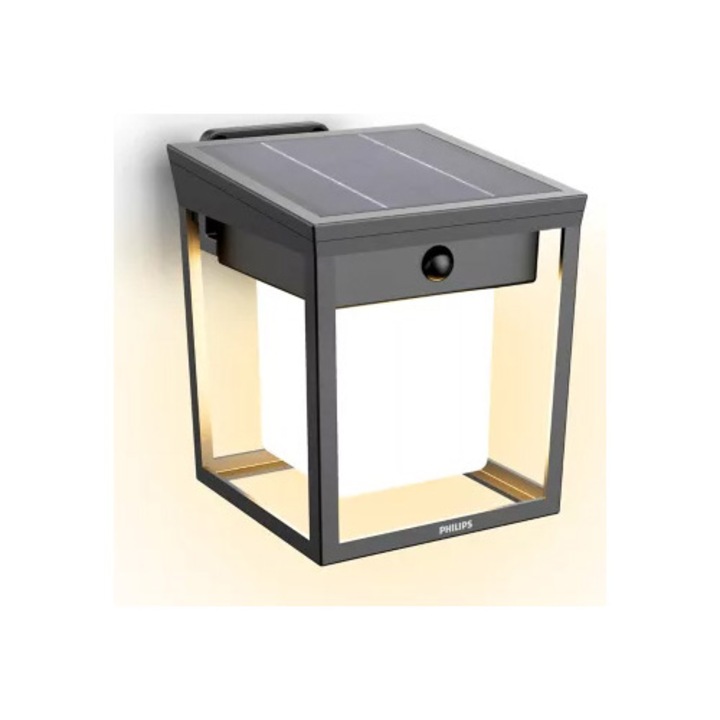 Лампа Стенна със соларно зареждане Philips Blaise, 1.5W, 250/20 lm, топла светлина (3000K), IP44, 14x12x16 см, Антрацит
