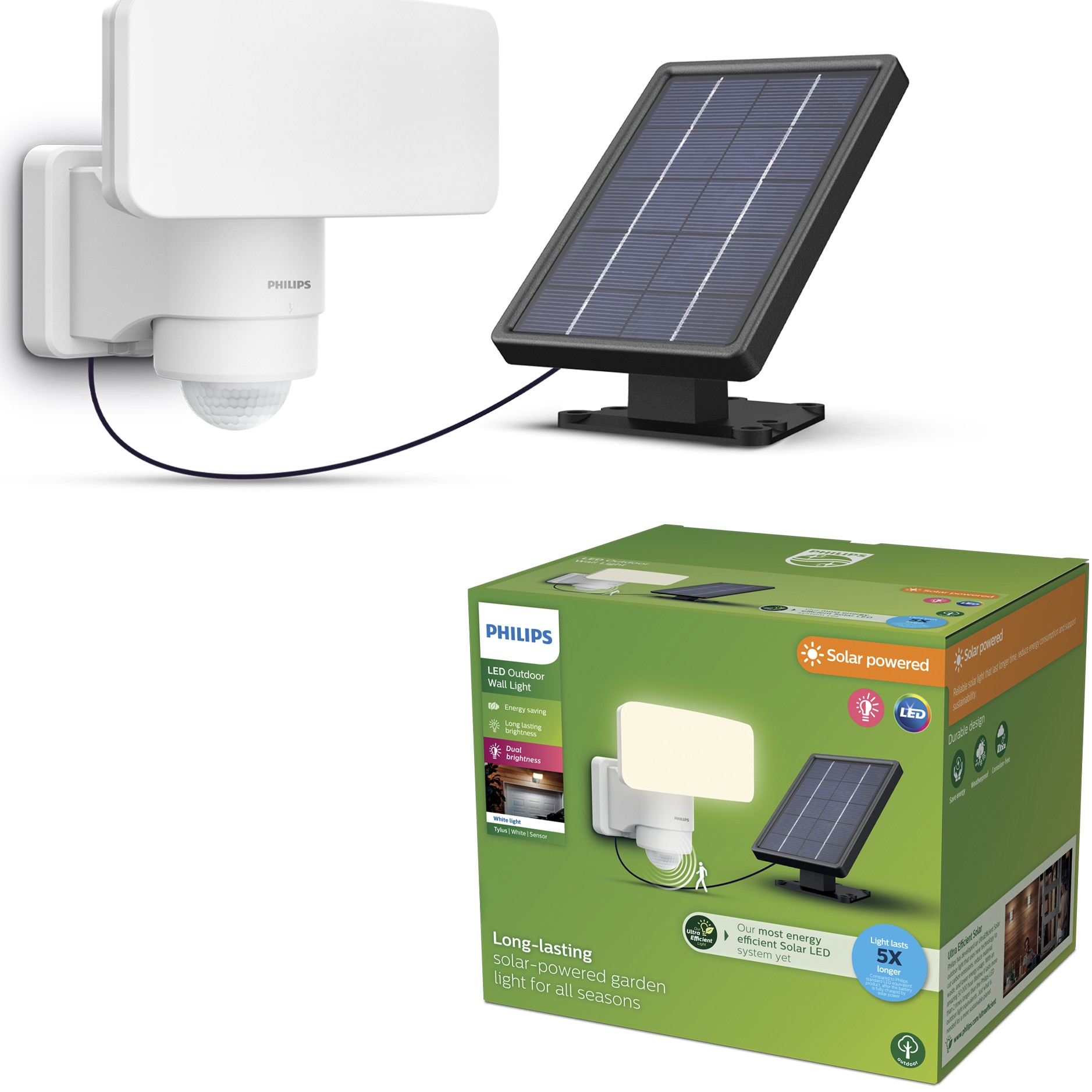 Lampa de perete cu incarcare solara Philips Tylus, senzor de miscare, 6W, 1000/50 lm, lumina calda (3000K), IP44, Alb
