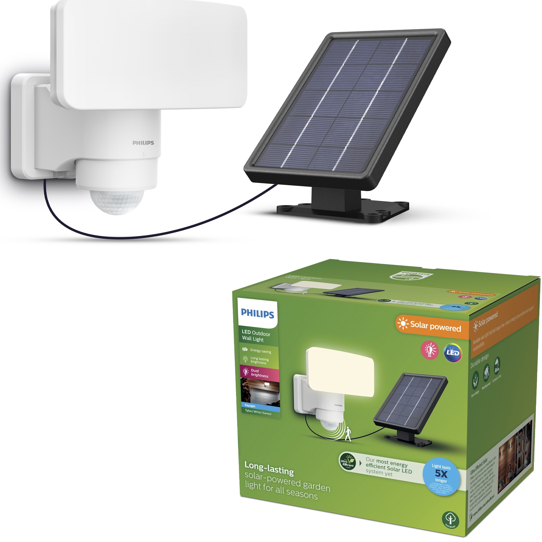Lampa de perete cu incarcare solara Philips Tylus, senzor de miscare, 6W, 1000/50 lm, lumina rece (5000K), IP44, Alb
