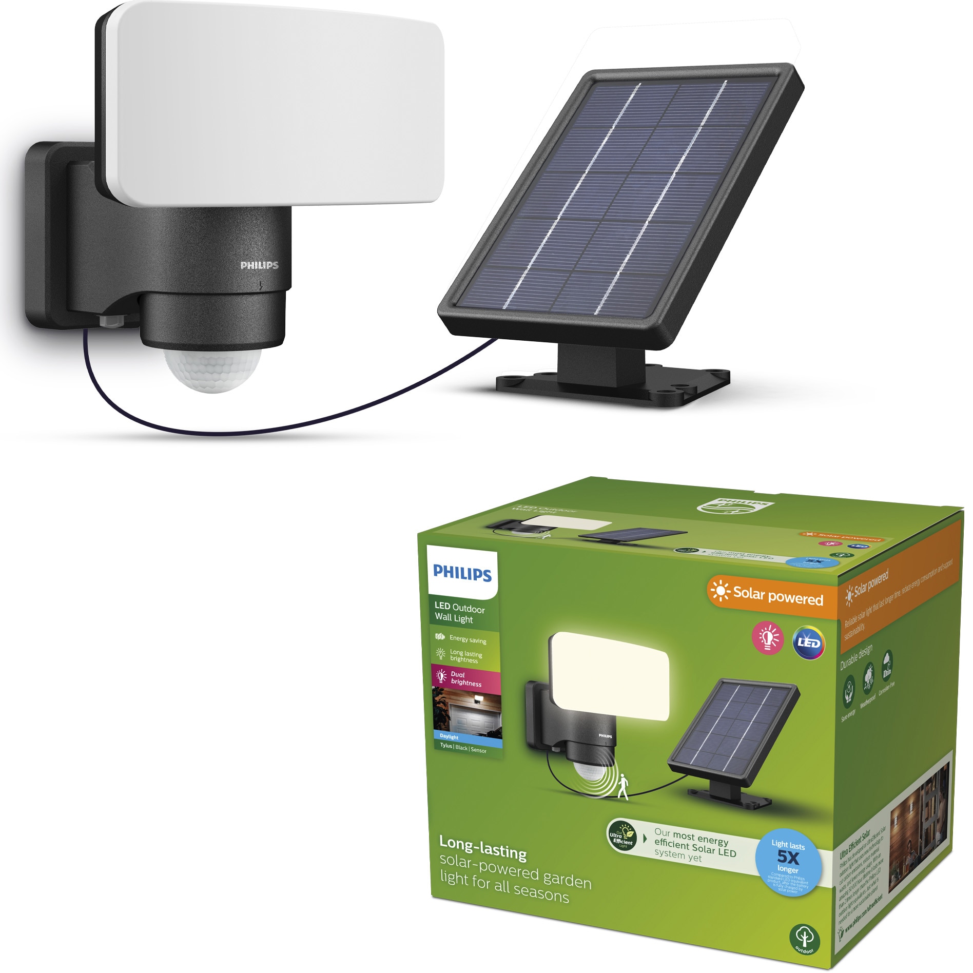 Lampa de perete cu incarcare solara Philips Tylus, senzor de miscare, 6W, 1000/50 lm, lumina rece (5000K), IP44, Negru